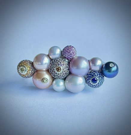 Handmade Bubbly pearl double finger ring in 18ct gold and silver by Janet Barber